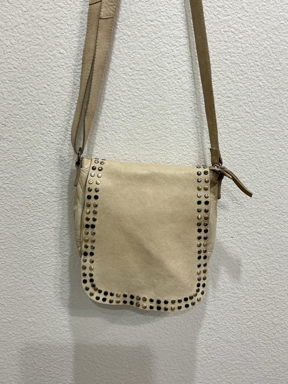 Latico Beige Stud-Trim Leather Crossbody Bag